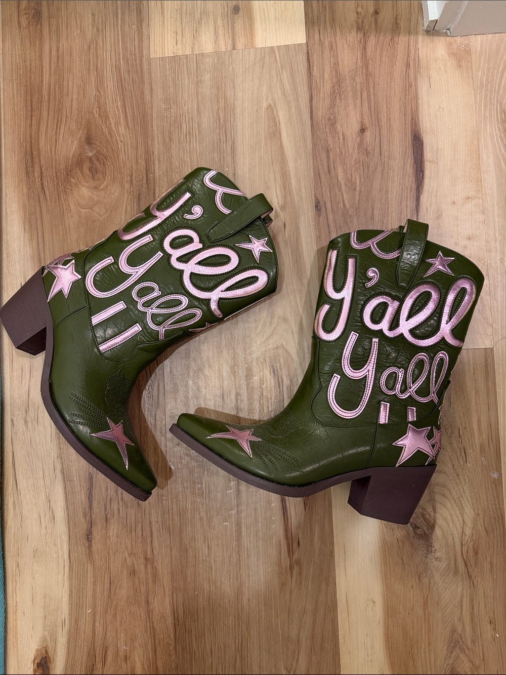 Olive Green Western Ankle Boots with Pink Embroidery